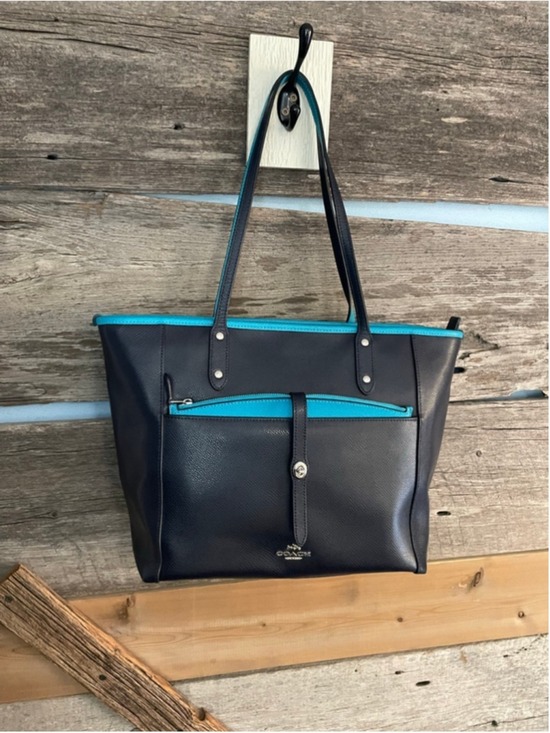 Coach Handbags - Coach City Tote in Midnight Blue Crossgreain Leather and turquoise accents